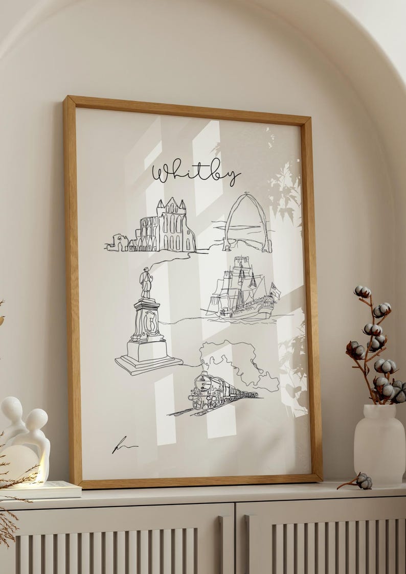 Hand drawn line art print of Whitby and Whitby Abbey by Ella Cairns