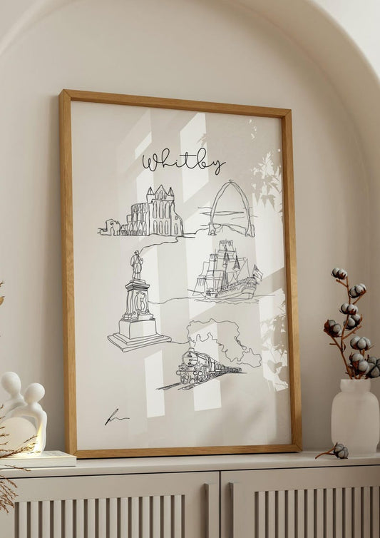 Hand drawn line art print of Whitby and Whitby Abbey by Ella Cairns
