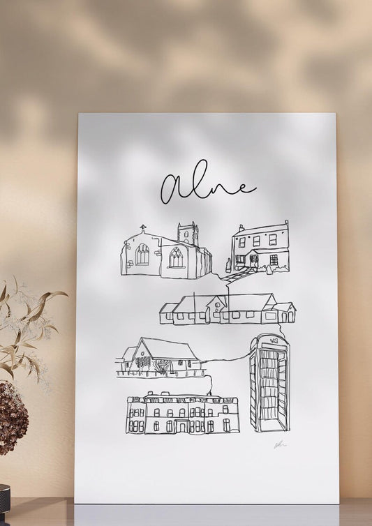 Hand drawn line art print of Alne, North Yorkshire, by Ella Cairns