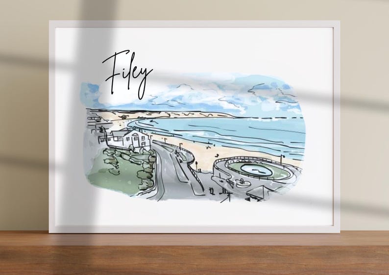 Hand drawn Yorkshire coast line art print of Filey by Ella Cairns