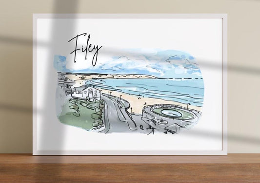 Hand drawn Yorkshire coast line art print of Filey by Ella Cairns