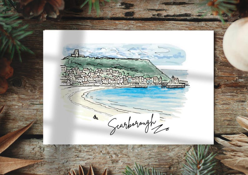 Hand drawn Yorkshire coast line art print of Scarborough by Ella Cairns