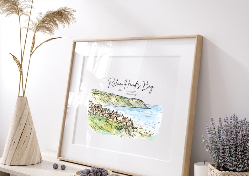 Hand drawn Yorkshire coast line art print of Robin Hood's Bay village by Ella Cairns