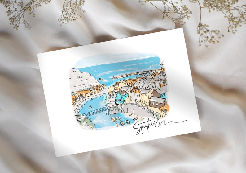 Hand drawn Yorkshire coast line art print of Staithes Harbour by Ella Cairns
