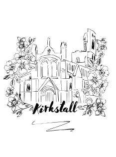 Kirkstall Abbey line drawing with flowers by Ella Cairns