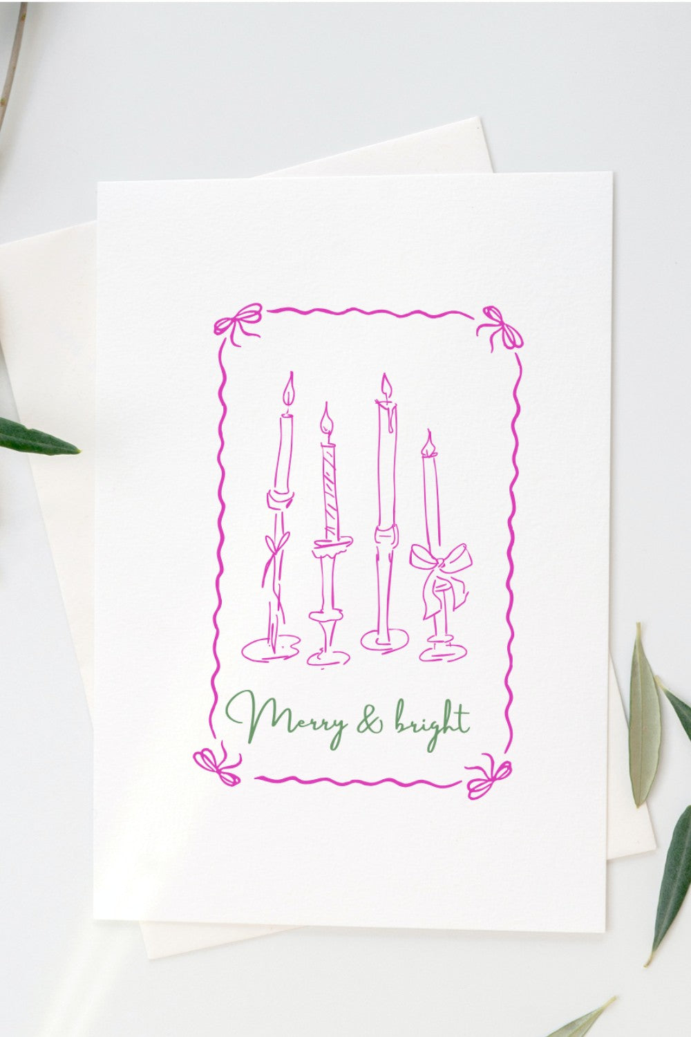 Minimal line drawing Christmas card with candles and a festive message