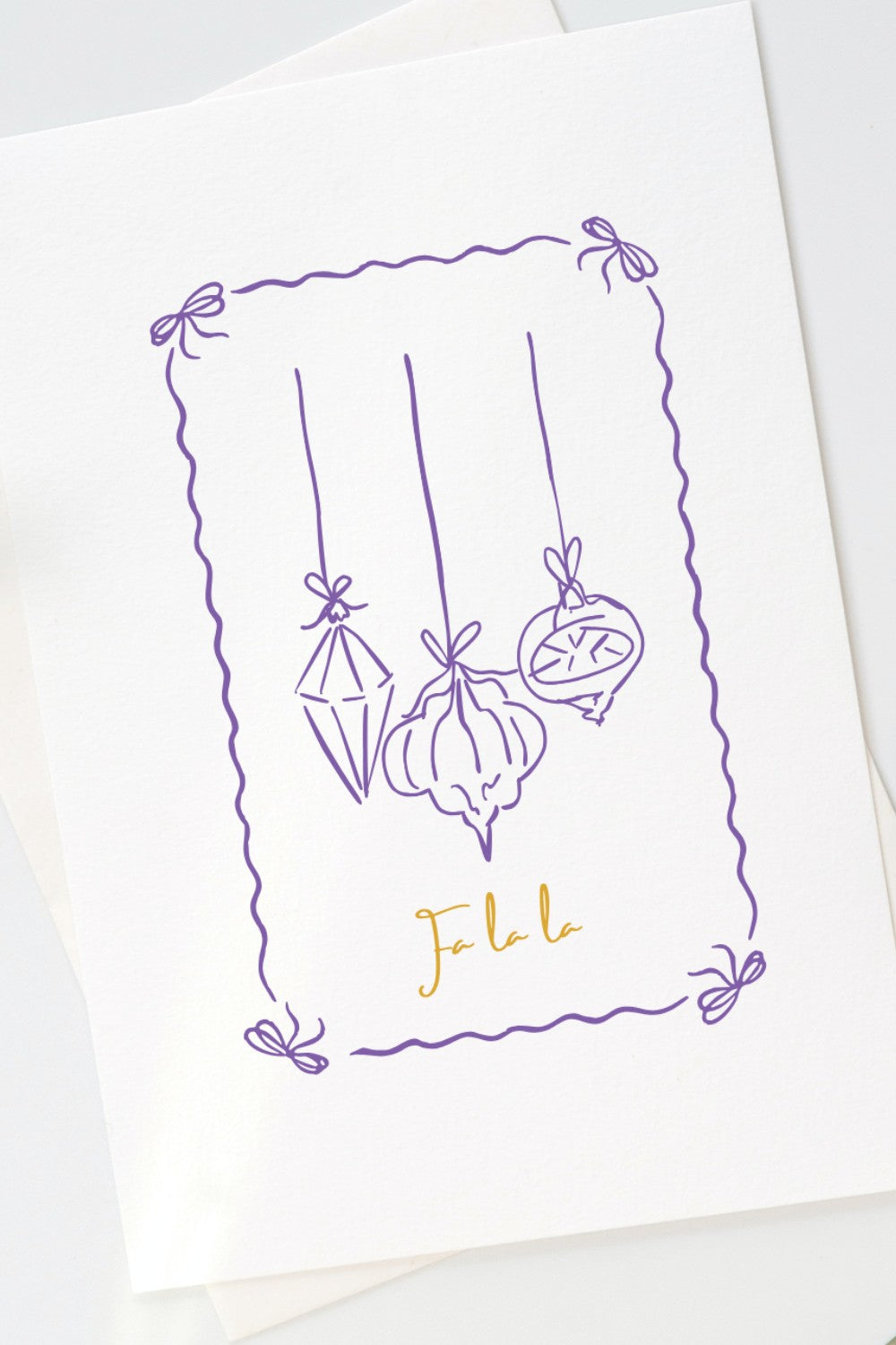 Minimal line drawing Christmas card with hanging baubles