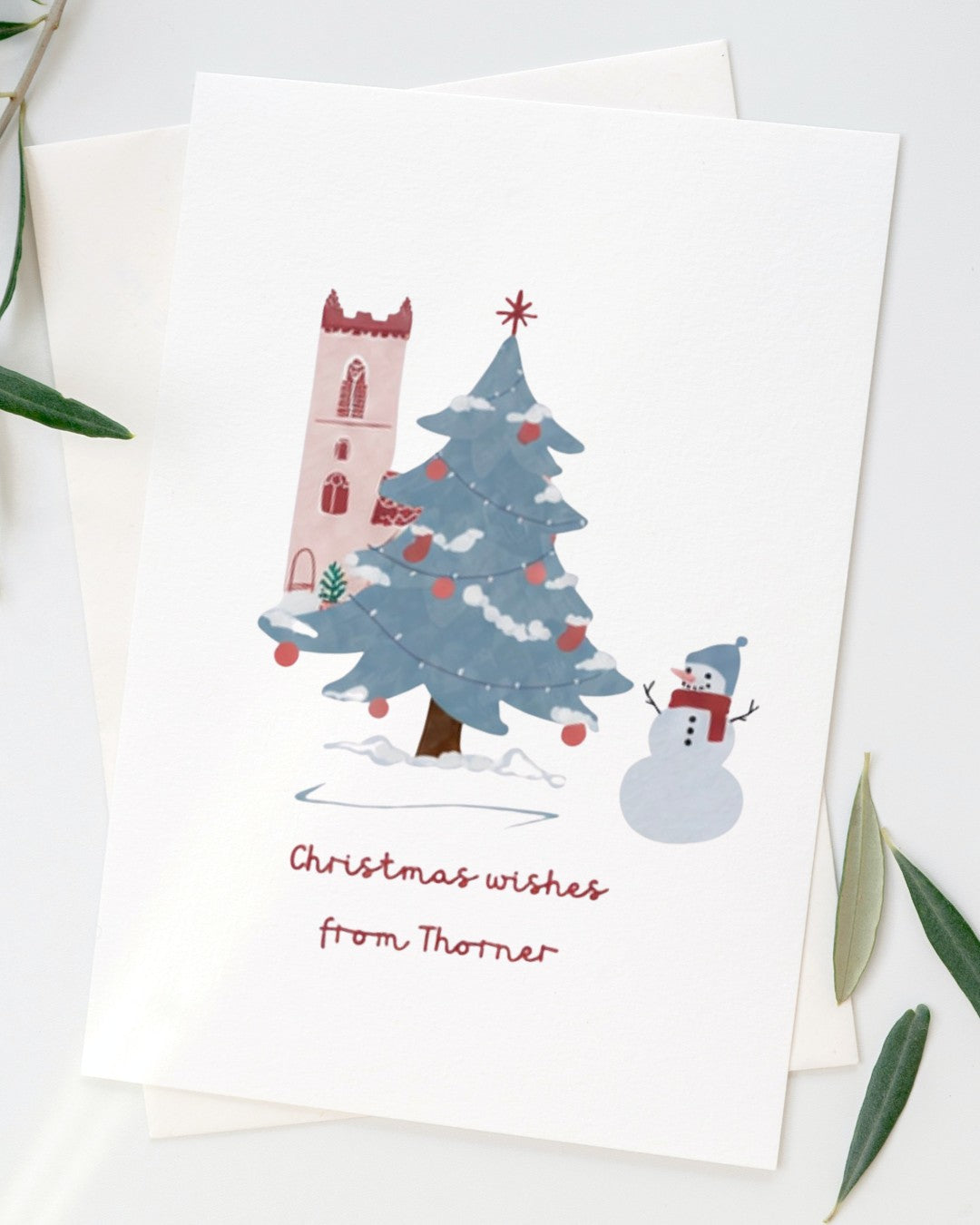 Thorner Christmas card with a church and Christmas tree illustration